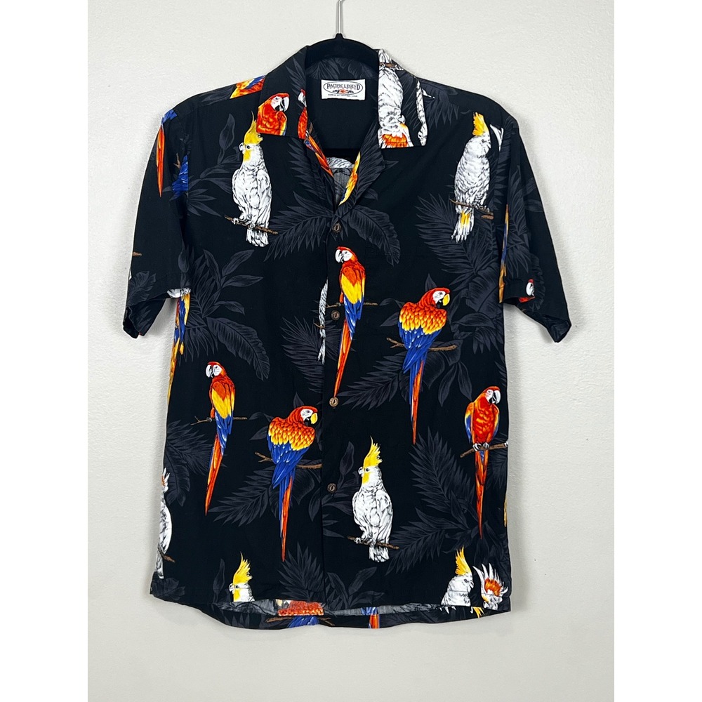 Pacific Legend Hawaiian Shirt Men Medium Black Parrot Cockatoo Tropical Bird USA